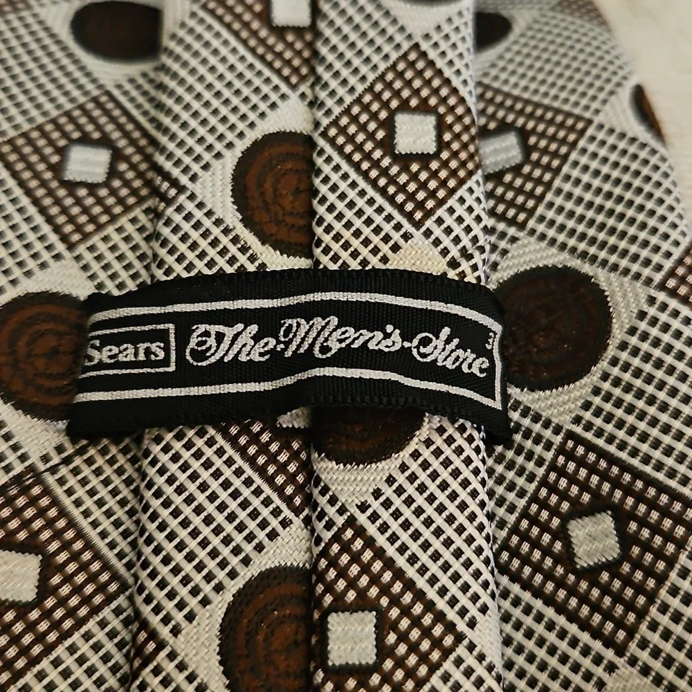 Vtg SEARS 1960s Brown and Silver Circle Atomic Patterned Wide Clip-on Tie